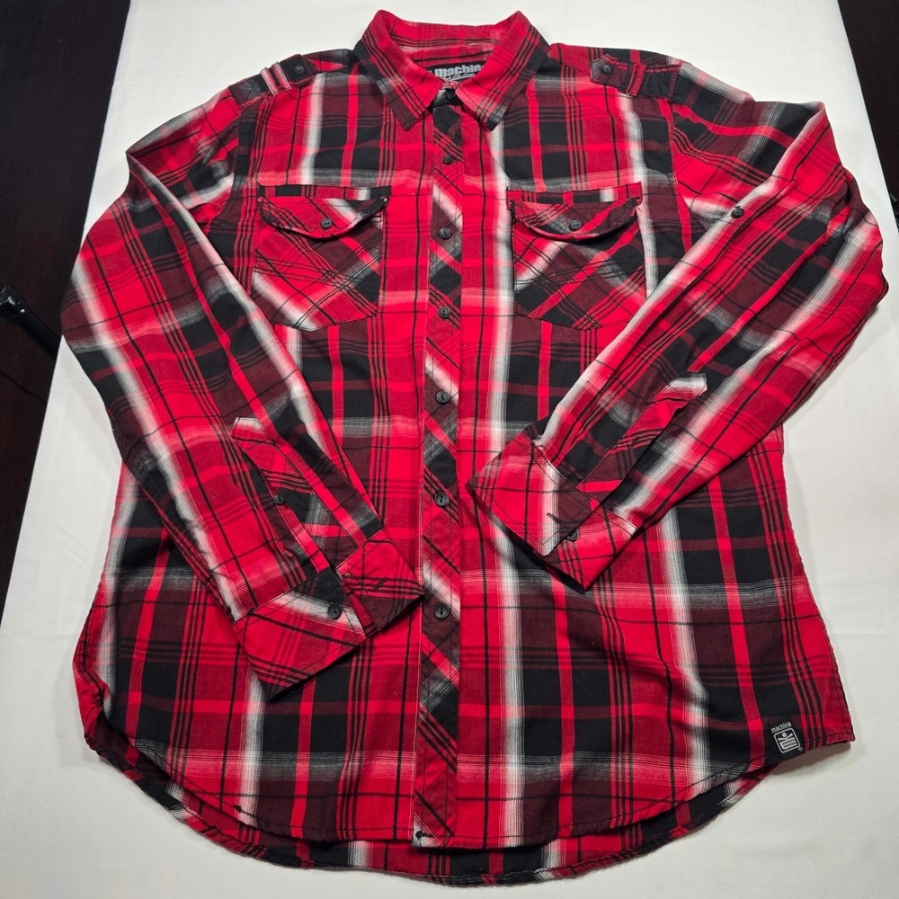 Machine Push The Limit Mens Large Red Black Plaid Button Down‎ Shirt Epaulets L
